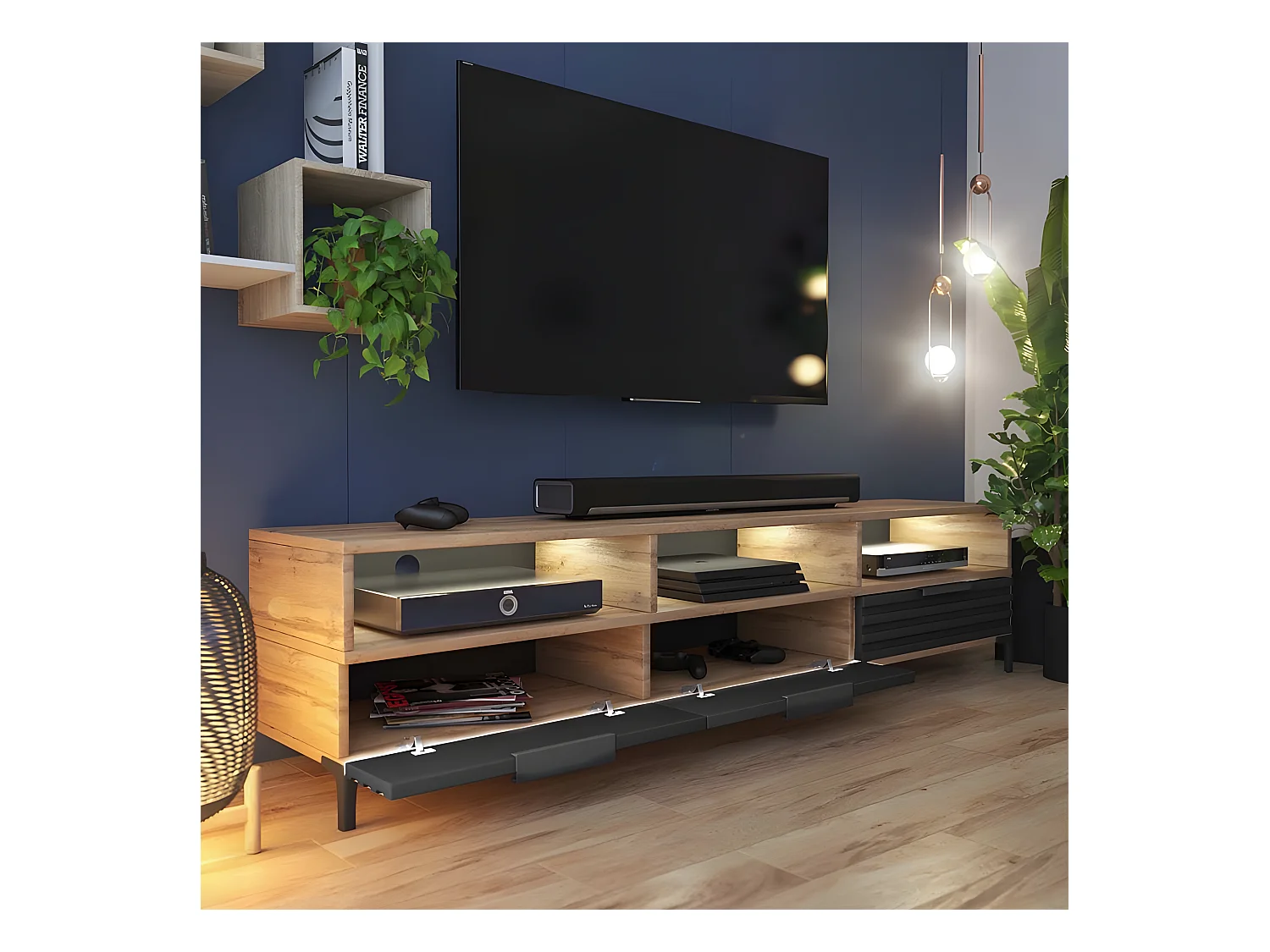 Meuble TV - 160 cm - chêne wotan / noir mat - façade 3D - avec LED -  RIKKE