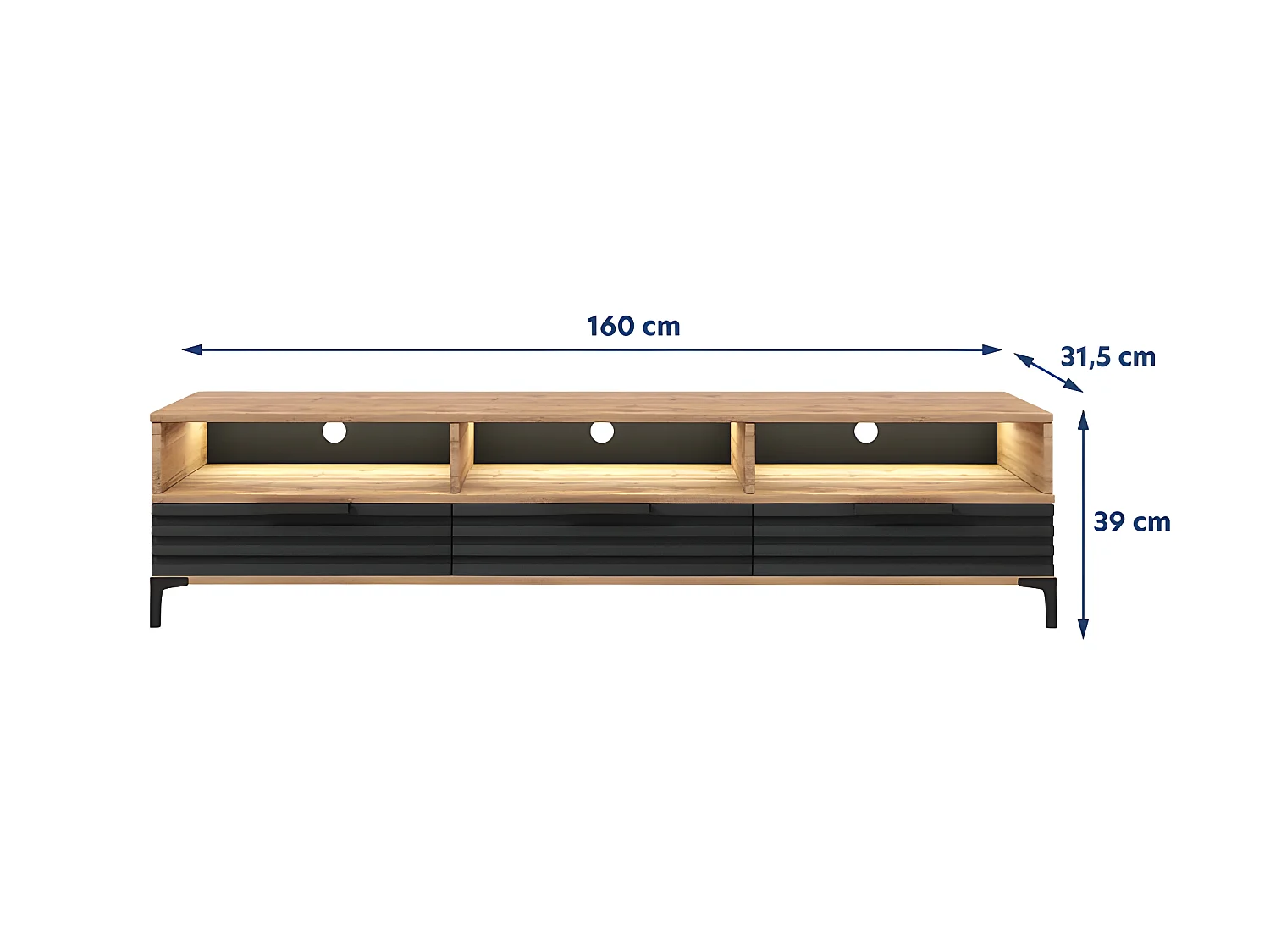 Meuble TV - 160 cm - chêne wotan / noir mat - façade 3D - avec LED -  RIKKE