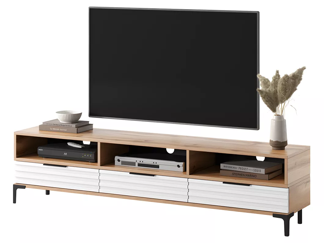 Kauf Unique TV-Schrank mit 3D-Fronten in Matt, stehend, 160 cm breit (Wotan Eiche / Weiß, mit LED) - Rikke