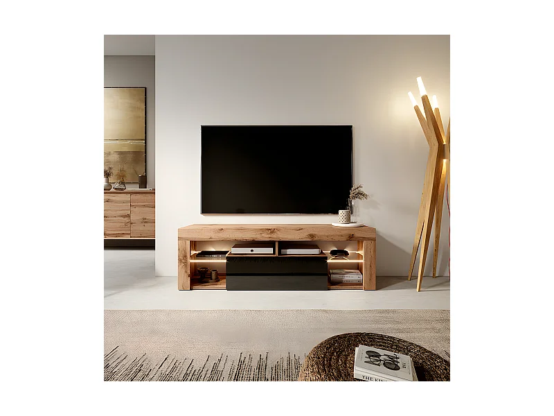 TV-Lowboard stehend in Lancaster Eiche/Schwarz Hochglanz mit Klappe und LED-Beleuchtung, 140 cm - Bianko