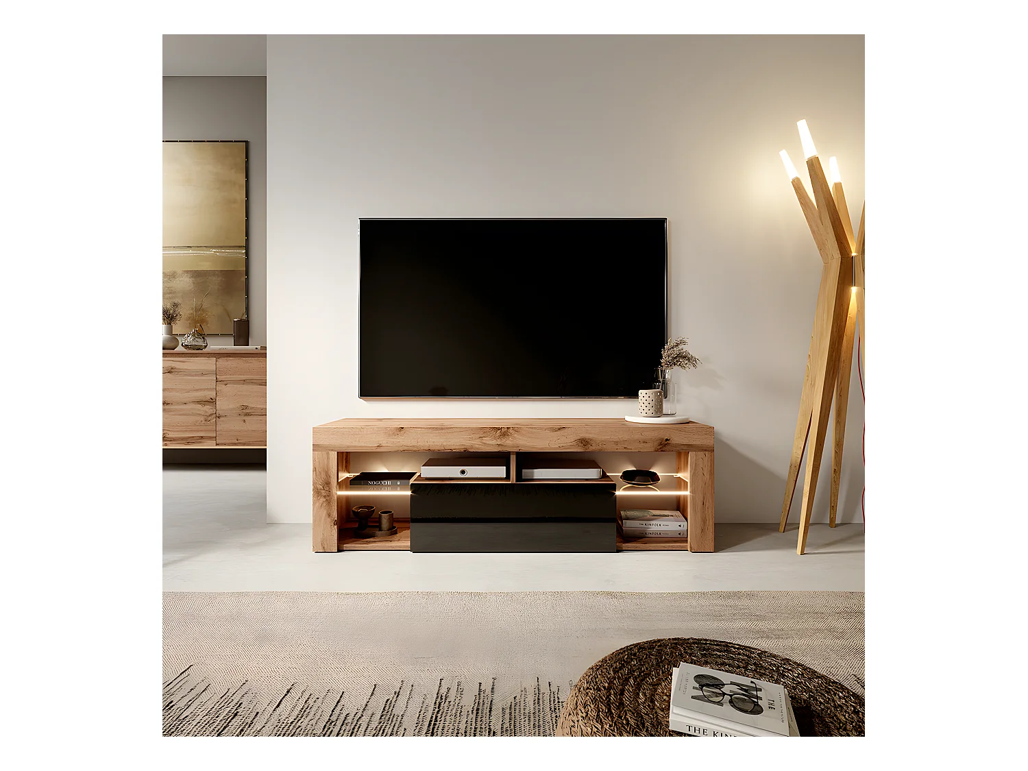 Meuble TV / Banc TV (140 cm, chêne lancaster / noir brillant, éclairage LED) - BIANKO