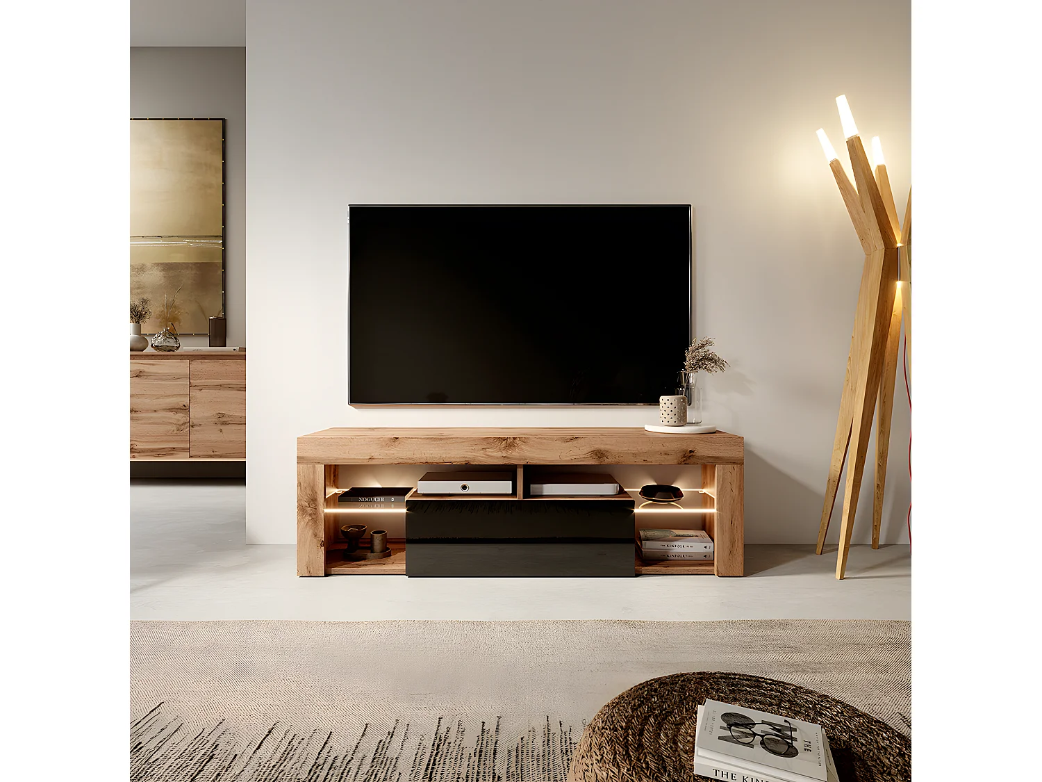 Meuble TV / Banc TV (140 cm, chêne lancaster / noir brillant, éclairage LED) - BIANKO