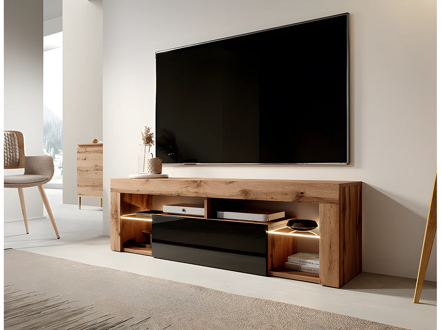 Meuble TV / Banc TV (140 cm, chêne lancaster / noir brillant, éclairage LED) - BIANKO