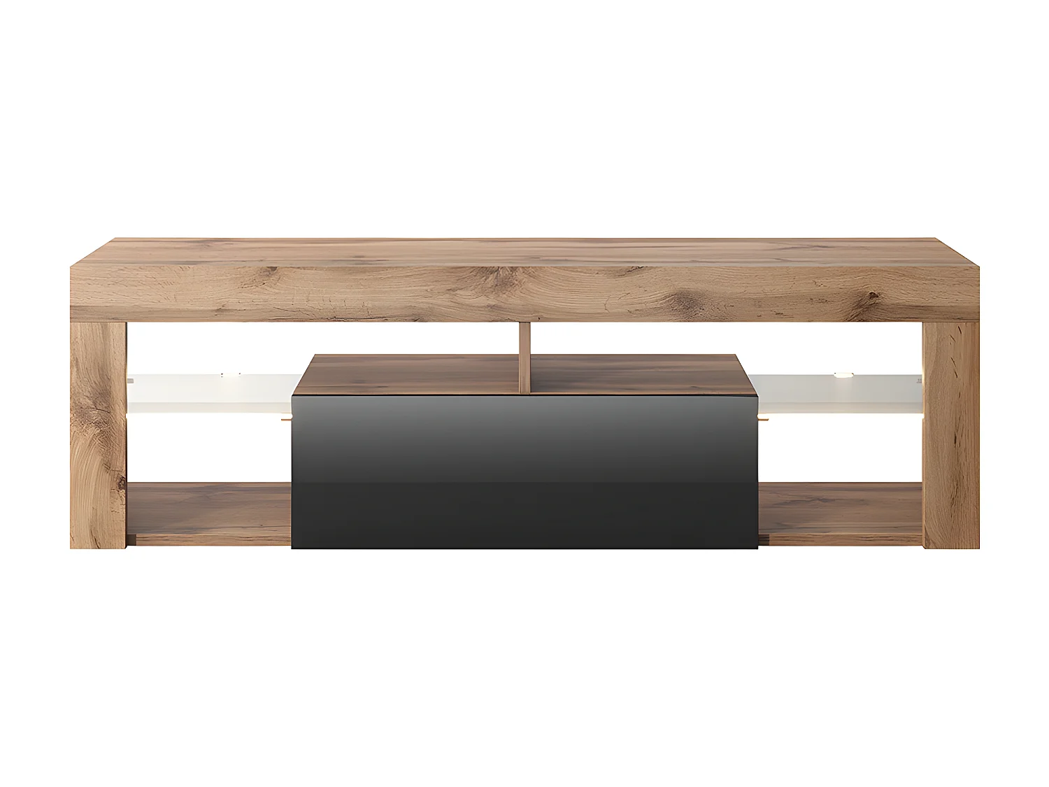 Meuble TV / Banc TV (140 cm, chêne lancaster / noir brillant, éclairage LED) - BIANKO