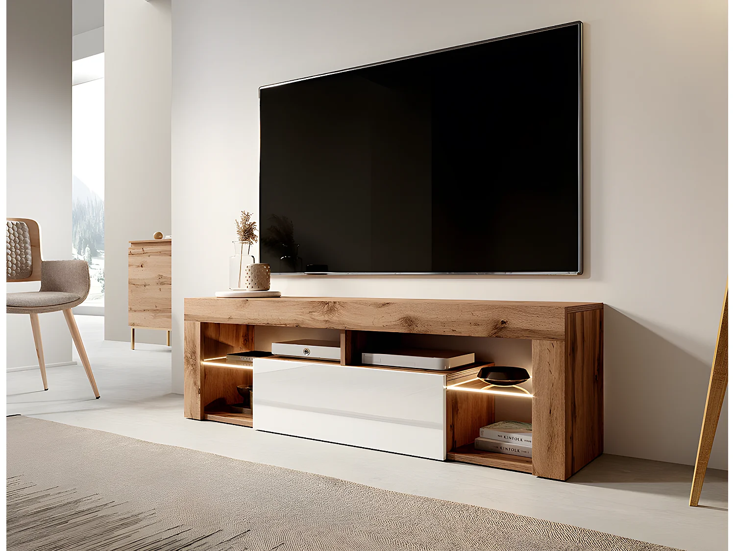 TV-meubel / TV-bank (140 cm, Lancaster eiken / glanzend wit, LED-verlichting) - BIANKO