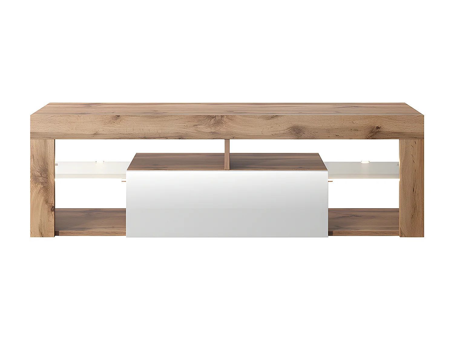 TV-meubel / TV-bank (140 cm, Lancaster eiken / glanzend wit, LED-verlichting) - BIANKO