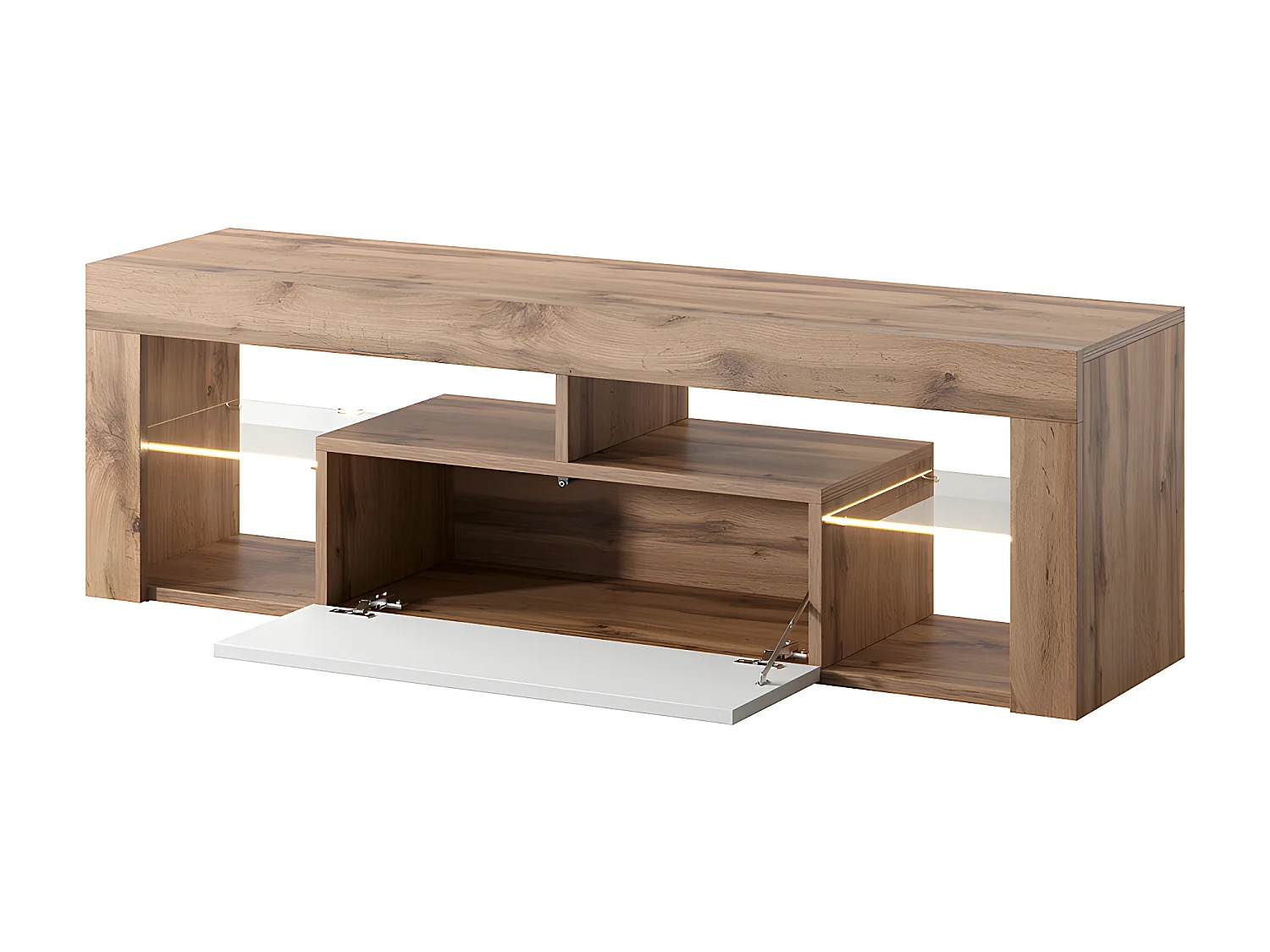 TV-meubel / TV-bank (140 cm, Lancaster eiken / glanzend wit, LED-verlichting) - BIANKO