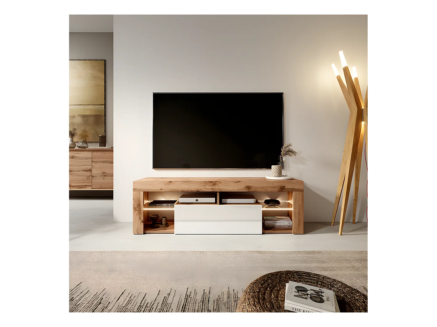 Meuble TV / Banc TV (140 cm, chêne lancaster / blanc brillant, éclairage LED) - BIANKO