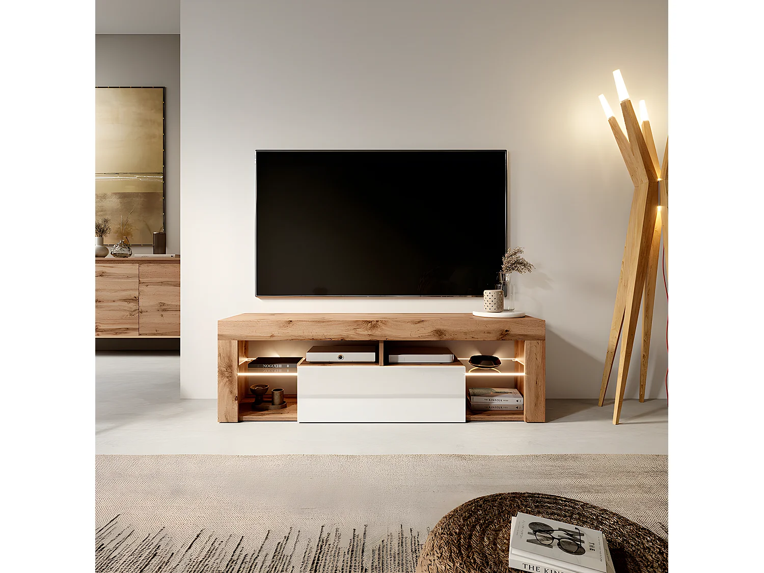 Meuble TV / Banc TV (140 cm, chêne lancaster / blanc brillant, éclairage LED) - BIANKO