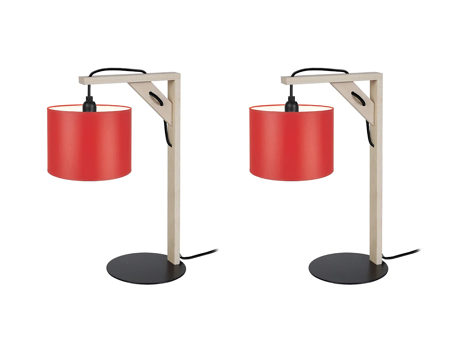 Pair de Lampes de chevet carré bois  naturel,rouge 40 cm.