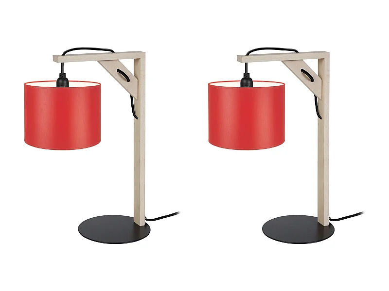 Pair de Lampes de chevet carré bois  naturel,rouge 40 cm.
