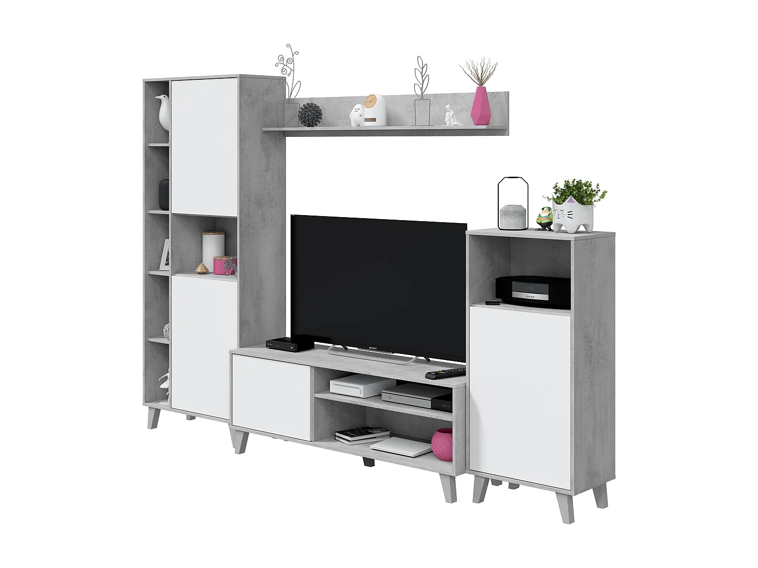 Ensemble meuble TV modulable - Blanc Artik et gris ciment - 260 x 33 x 184 cm