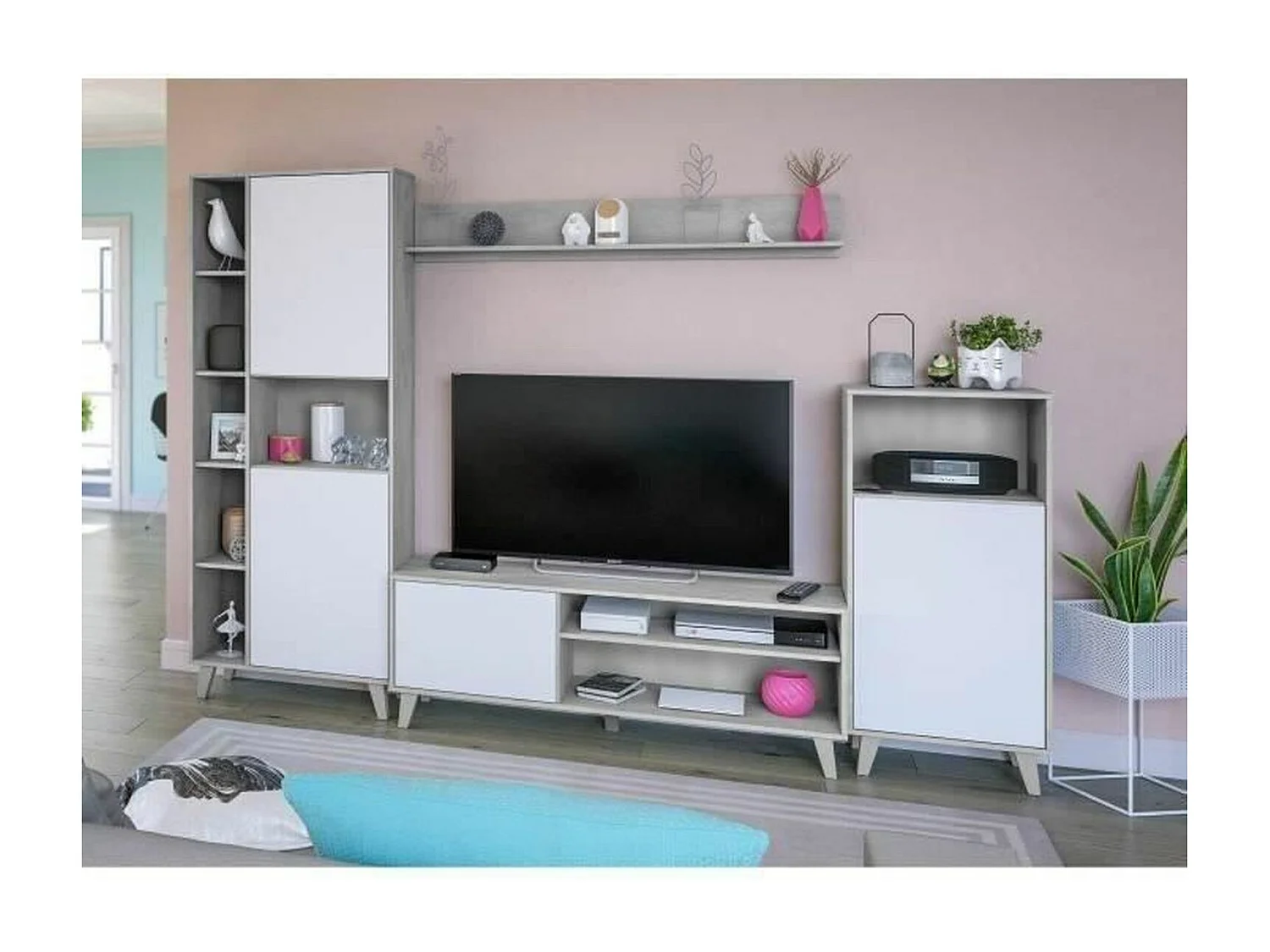 Ensemble meuble TV modulable - Blanc Artik et gris ciment - 260 x 33 x 184 cm