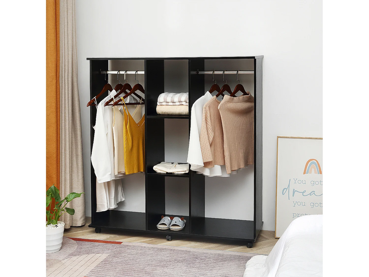 Armoire penderie meuble de rangement mobile 6 roulettes 120L x 40l x 128H cm panneaux de particules aspect bois noir