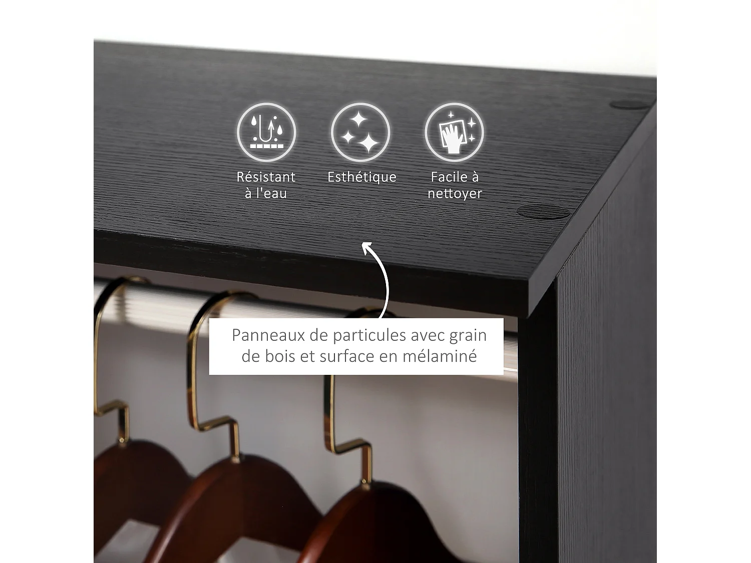 Armoire penderie meuble de rangement mobile 6 roulettes 120L x 40l x 128H cm panneaux de particules aspect bois noir