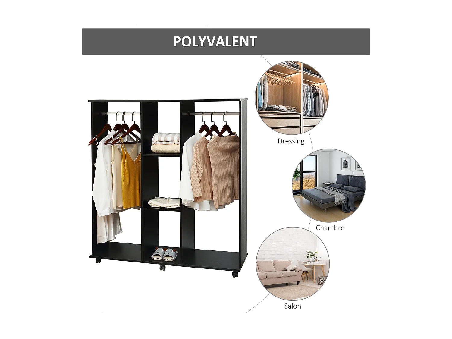 Armoire penderie meuble de rangement mobile 6 roulettes 120L x 40l x 128H cm panneaux de particules aspect bois noir