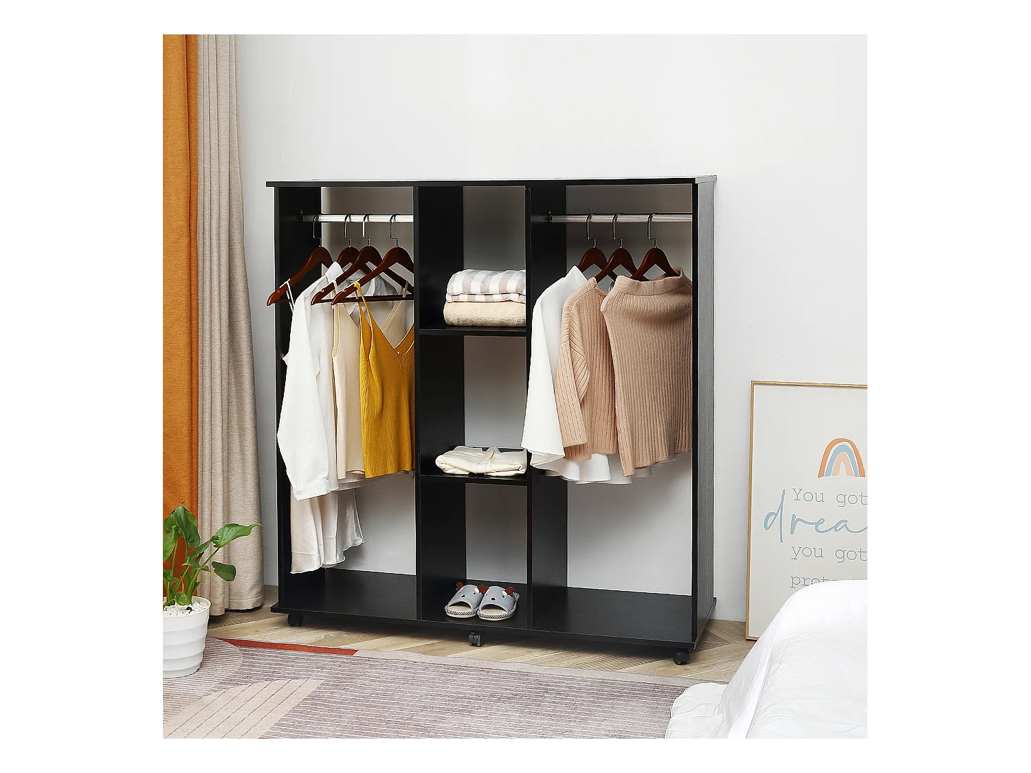 Armoire penderie meuble de rangement mobile 6 roulettes 120L x 40l x 128H cm panneaux de particules aspect bois noir