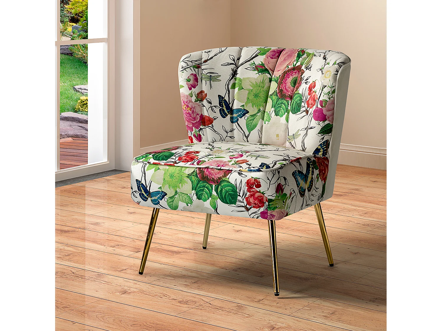 Chaise de Salon avec Pieds Dorés, Fauteuil Confortable en Tissu Floral sans Accoudoir-Imprimé Fleurs, Ivoire