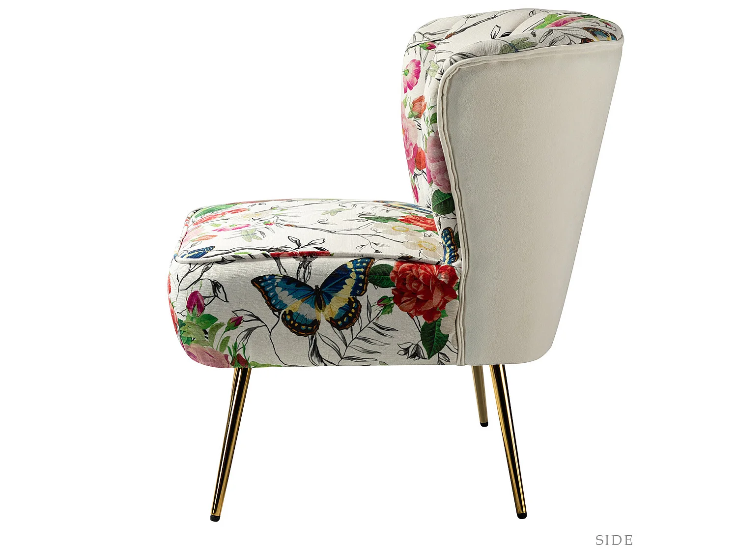 Chaise de Salon avec Pieds Dorés, Fauteuil Confortable en Tissu Floral sans Accoudoir-Imprimé Fleurs, Ivoire