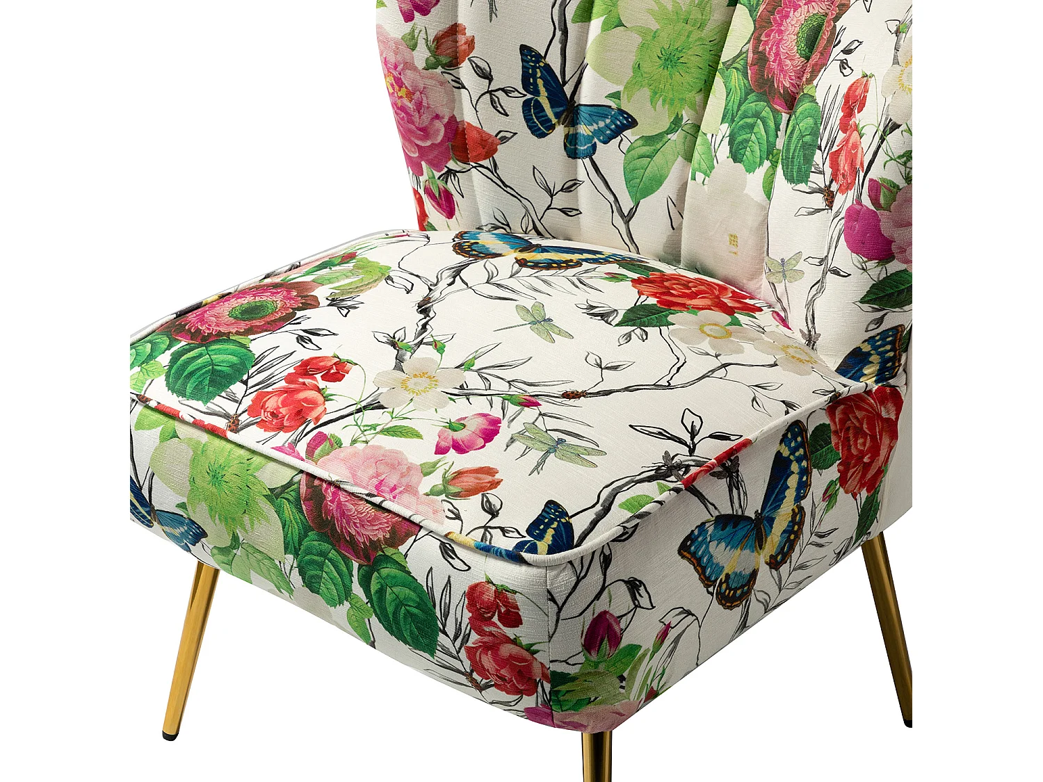 Chaise de Salon avec Pieds Dorés, Fauteuil Confortable en Tissu Floral sans Accoudoir-Imprimé Fleurs, Ivoire
