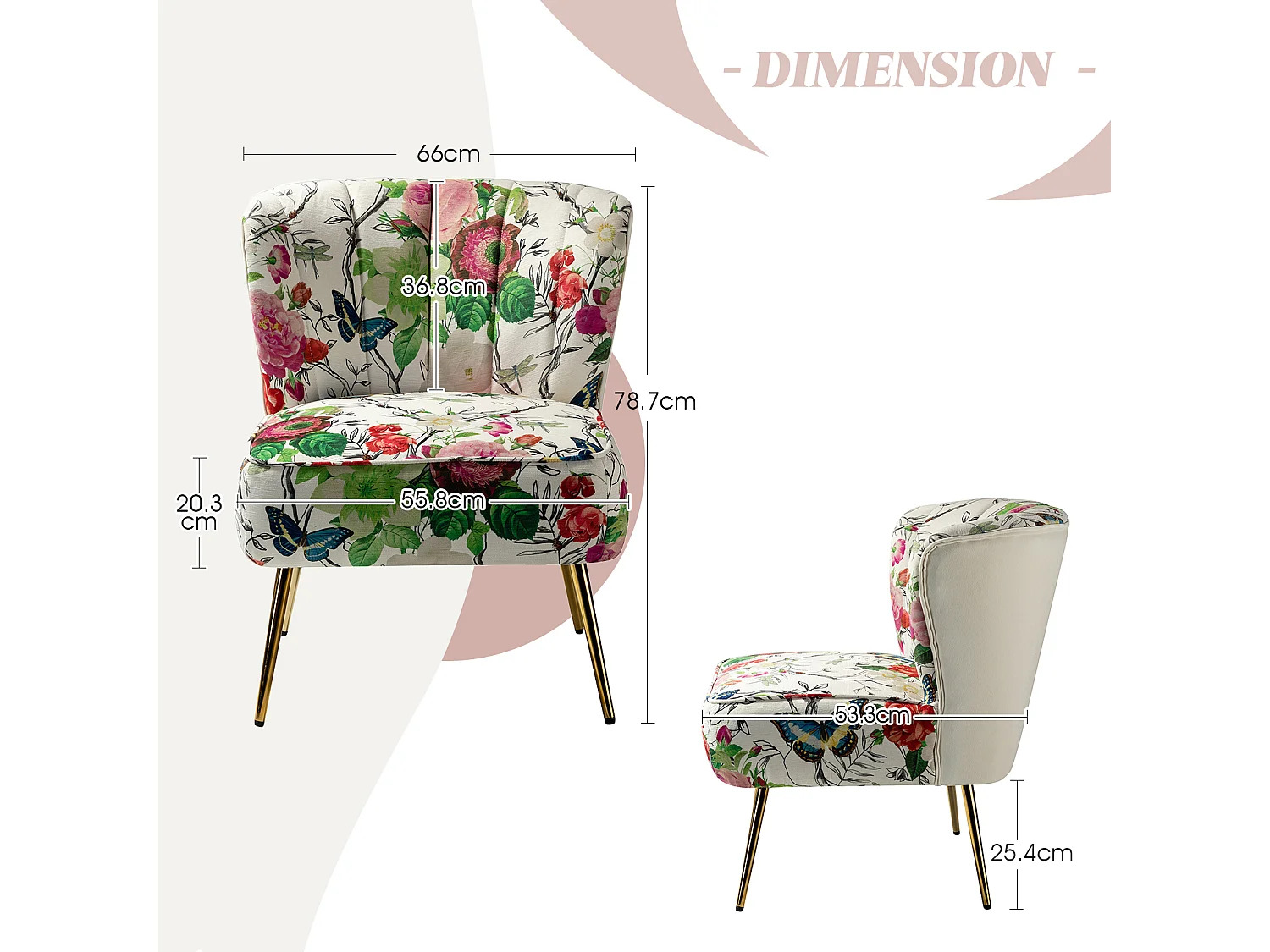 Chaise de Salon avec Pieds Dorés, Fauteuil Confortable en Tissu Floral sans Accoudoir-Imprimé Fleurs, Ivoire