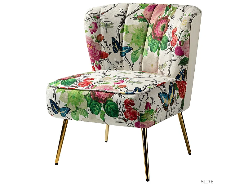Chaise de Salon avec Pieds Dorés, Fauteuil Confortable en Tissu Floral sans Accoudoir-Imprimé Fleurs, Ivoire