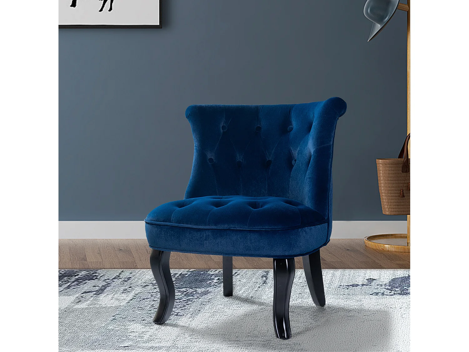 Petit Fauteuil Crapaud Rembourrée avec Pieds Noirs Pour Salle à Manger, Salon, Entrée & Chambre-Bleu