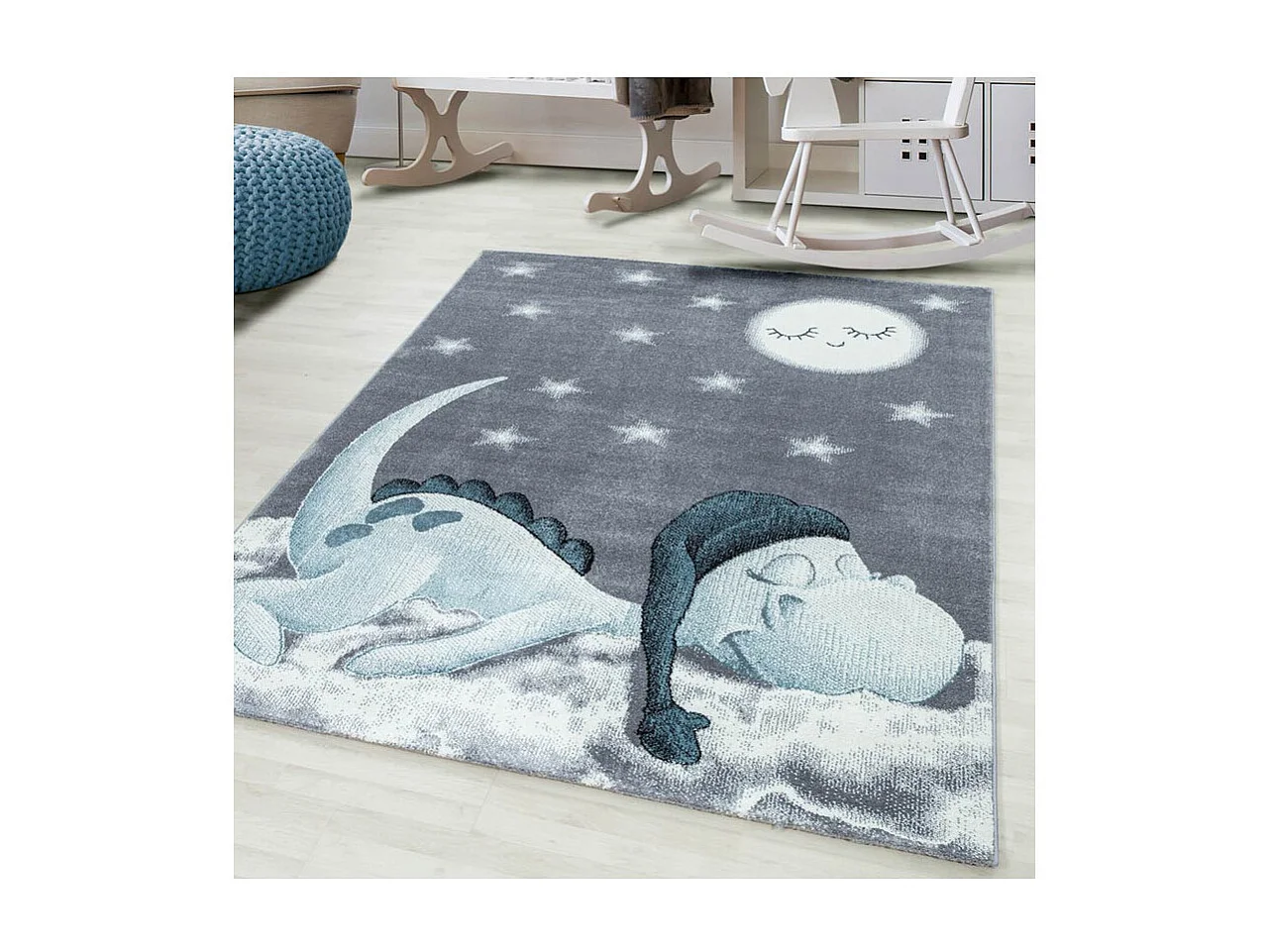 Tapis bleu pour chambre d'enfant rectangle Dino Rectangulaire Enfant Mécanique
