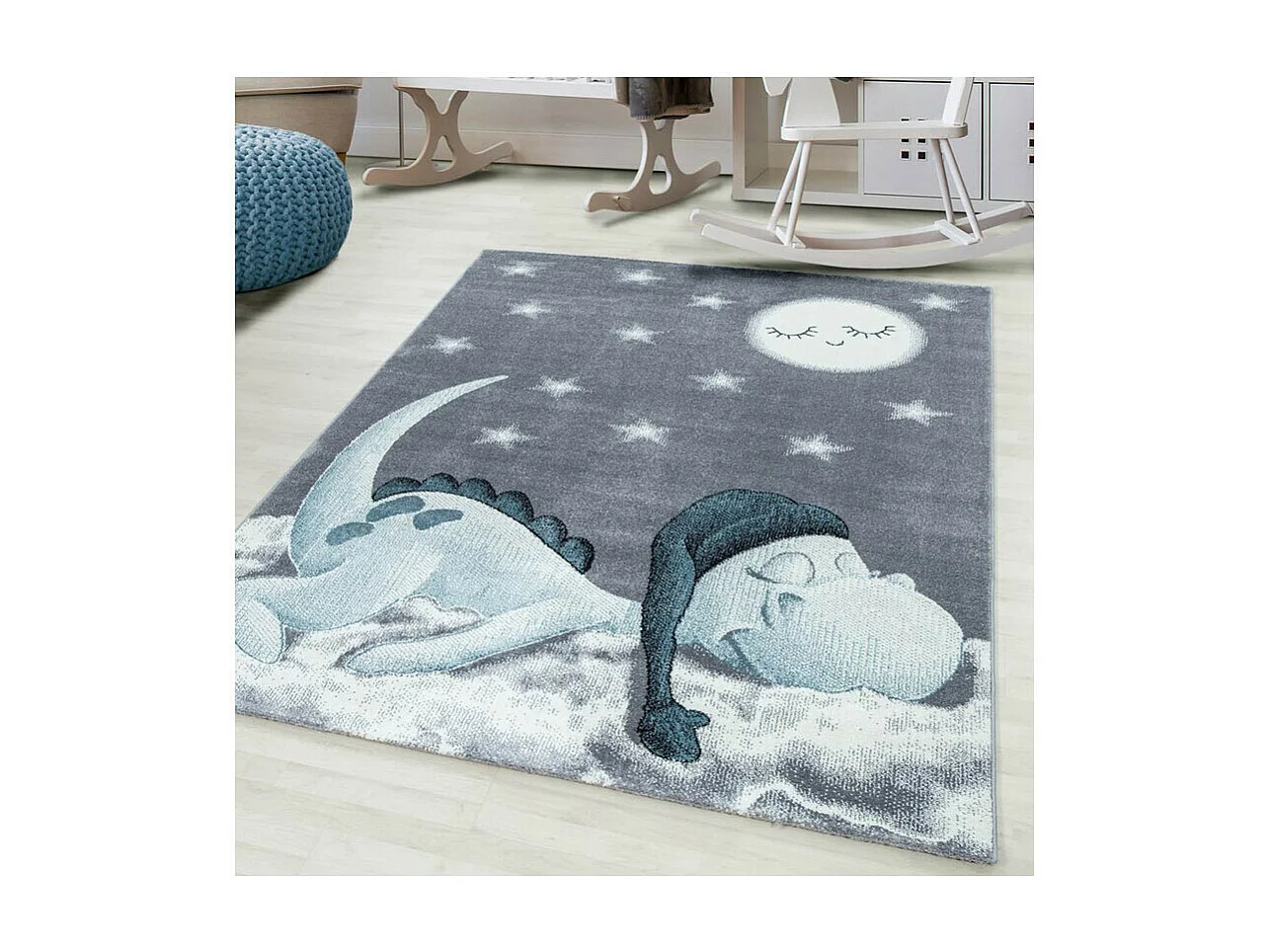 Tapis bleu pour chambre d'enfant rectangle Dino Rectangulaire Enfant Mécanique