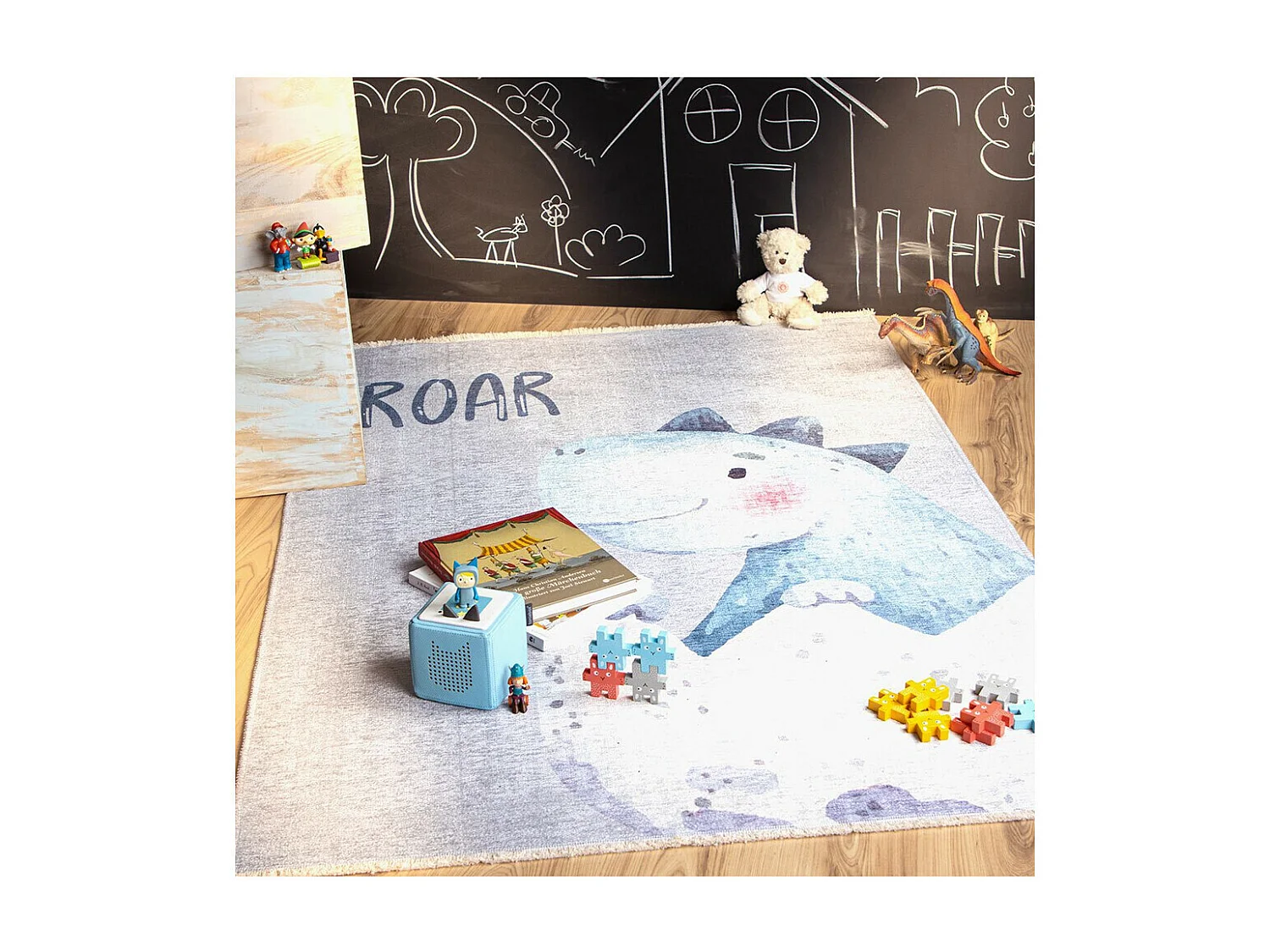 Tapis enfant en coton recyclé lavable en machine Dino Rectangulaire  Mécanique Tapis antid