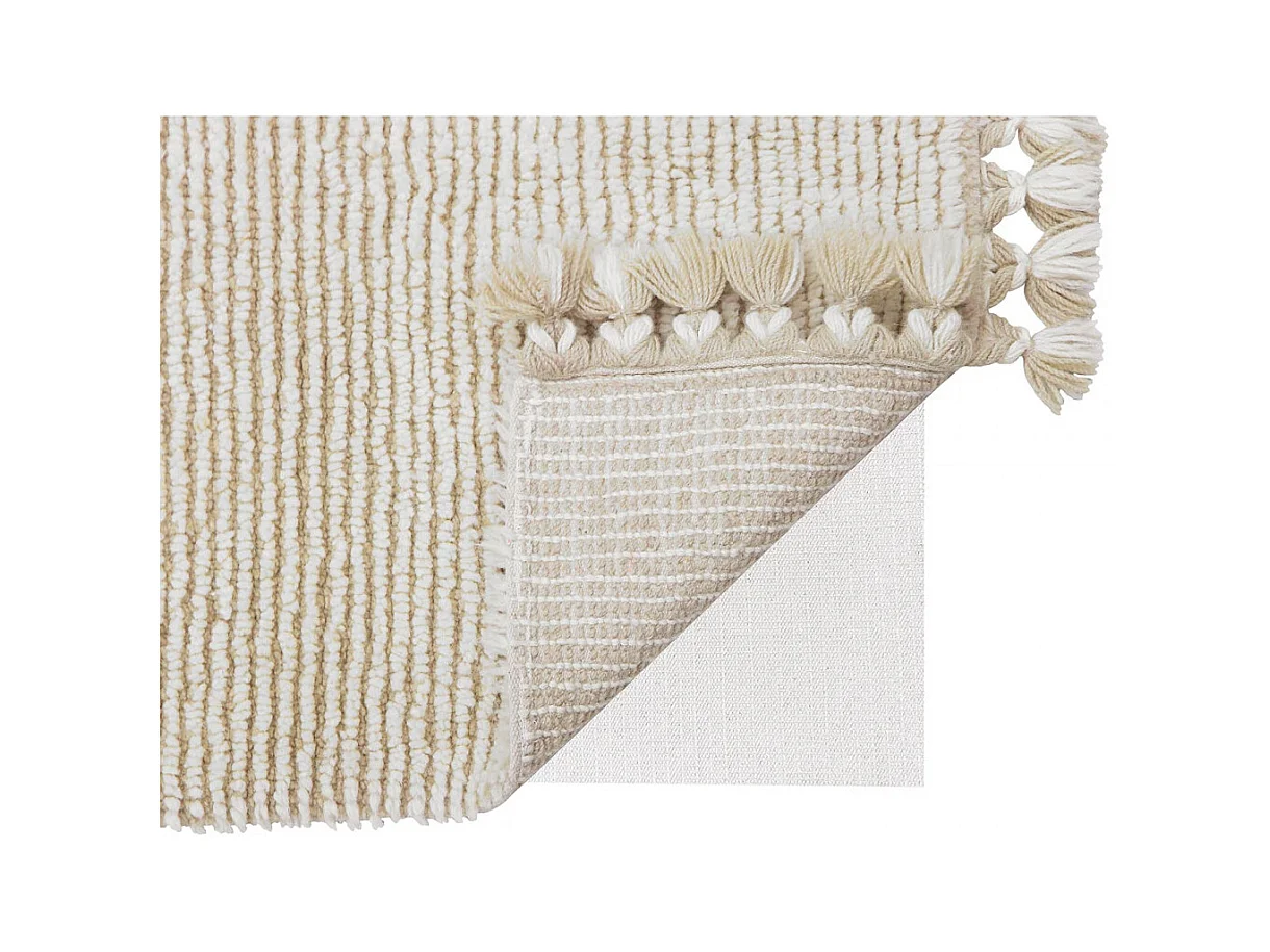 Alfombra de lana beige y blanca con borlas - 120 x 170 CM