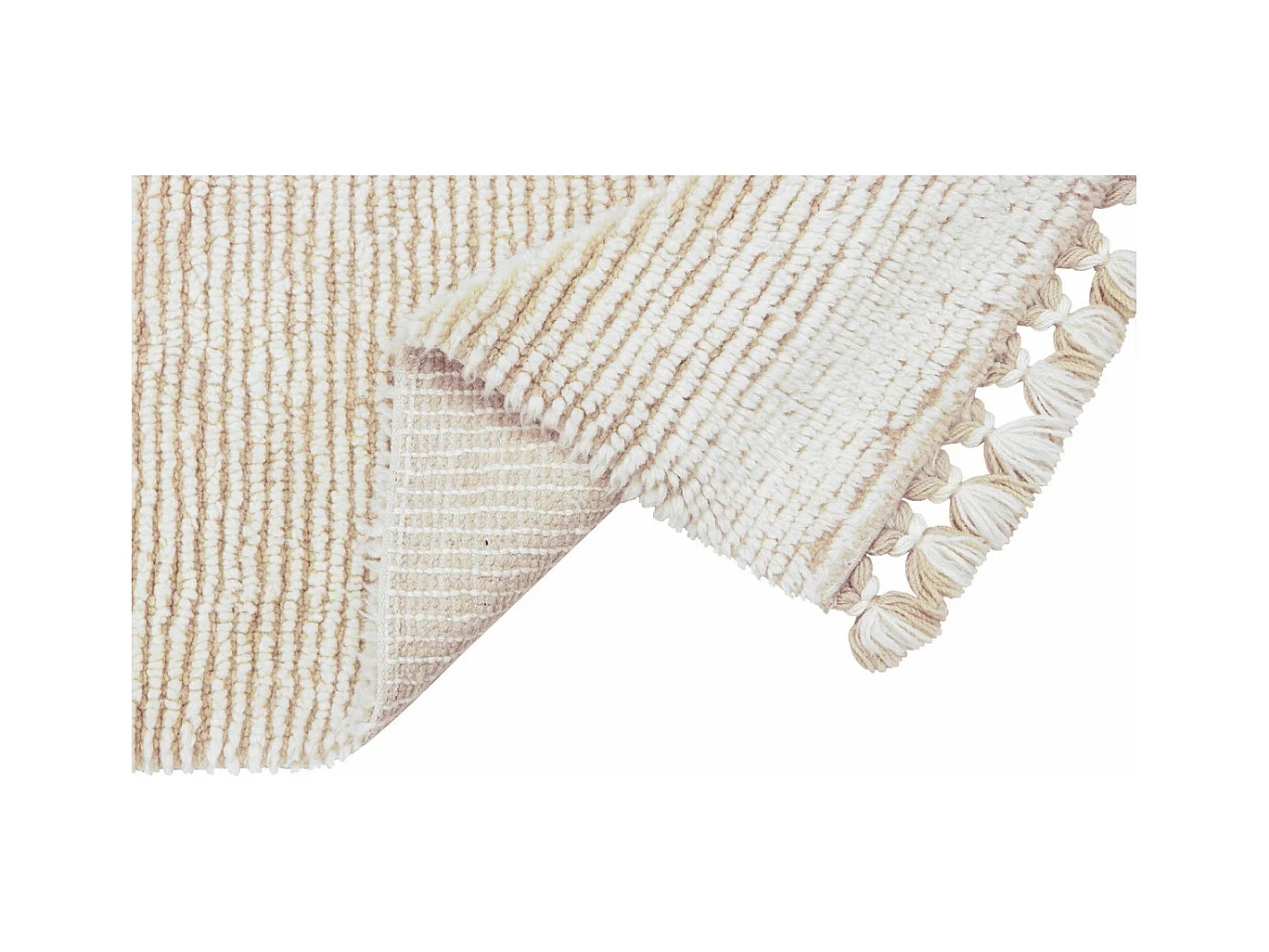 Alfombra de lana beige y blanca con borlas - 120 x 170 CM