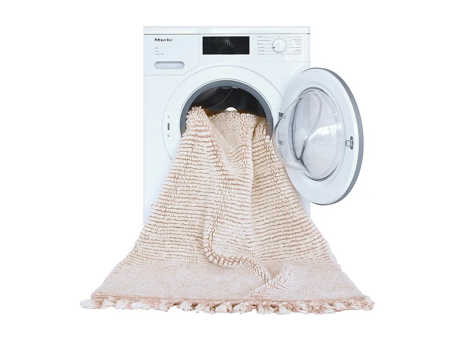 Alfombra de lana beige y blanca con borlas - 80 x 140 CM