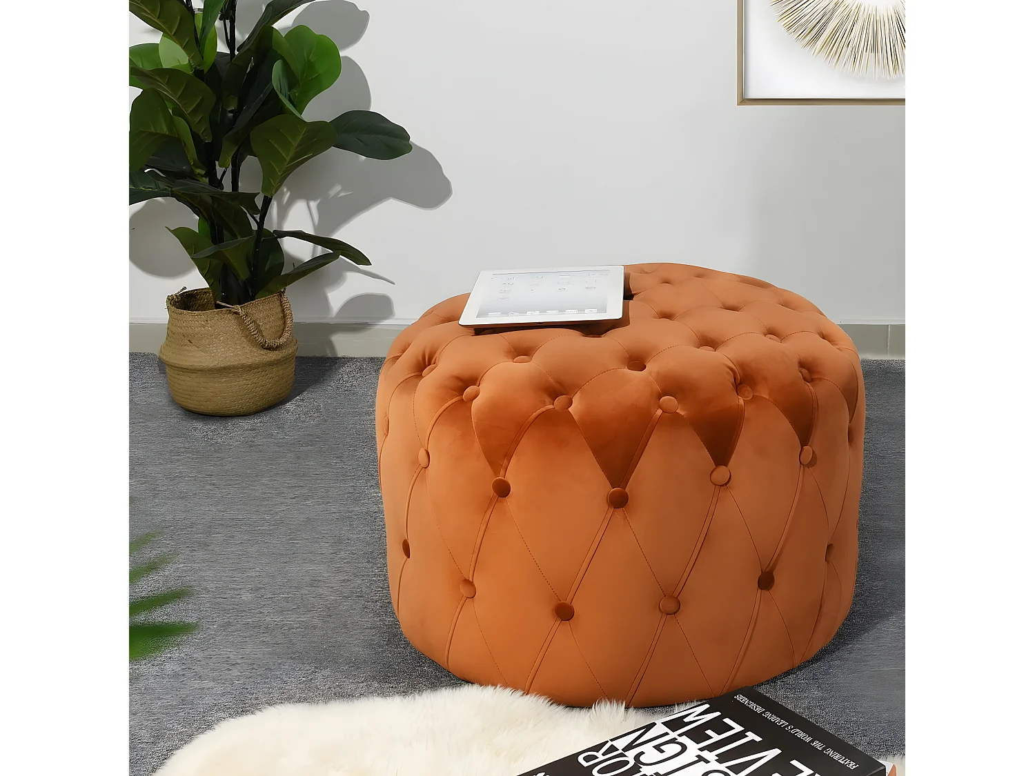 URBAN MEUBLE Pouf rond rembourré en tissu, pouf capitonné en velours, couleur marron,60*60*40CM