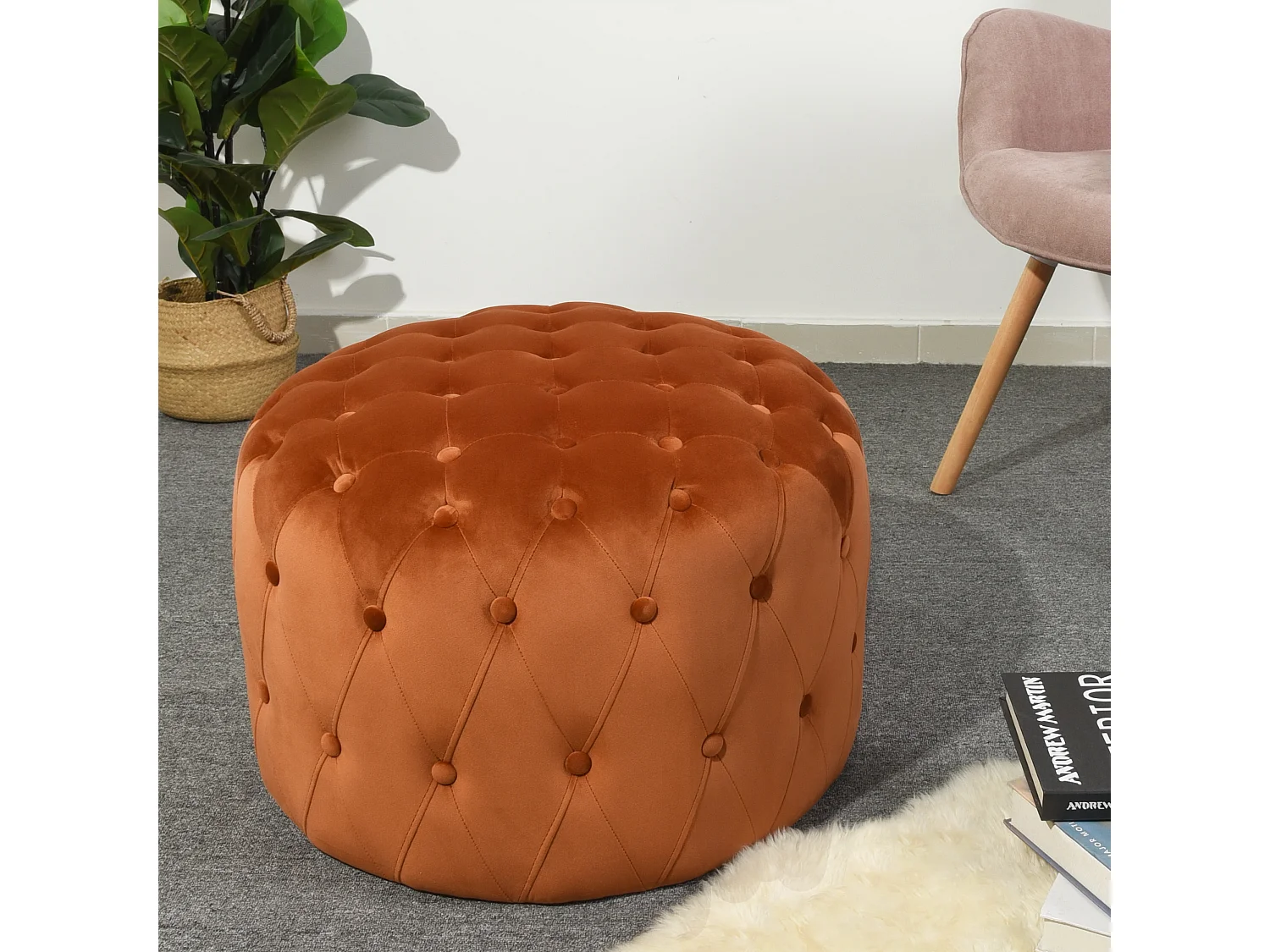 URBAN MEUBLE Pouf rond rembourré en tissu, pouf capitonné en velours, couleur marron,60*60*40CM