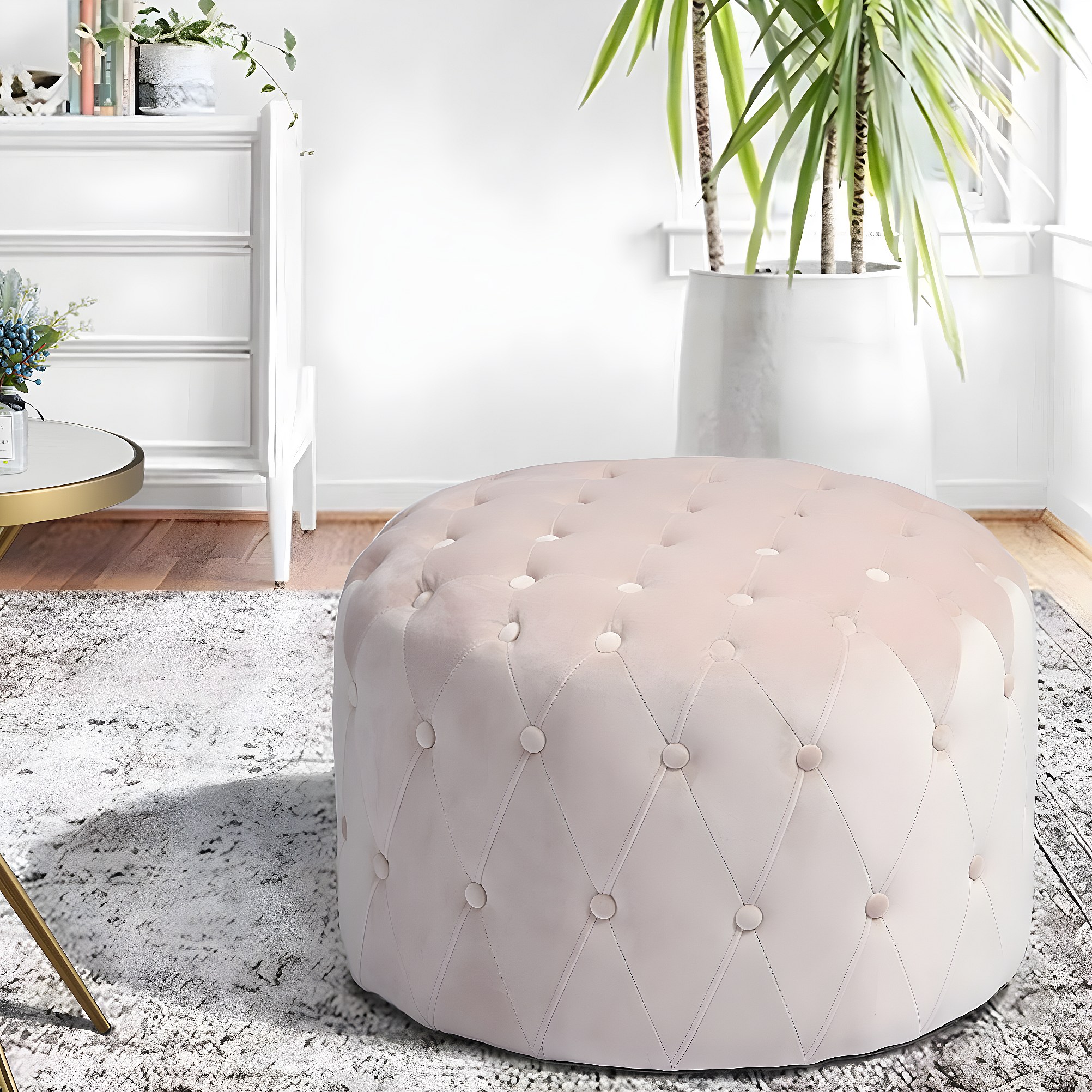 URBAN MEUBLE Pouf rond rembourré en tissu, pouf capitonné en velours