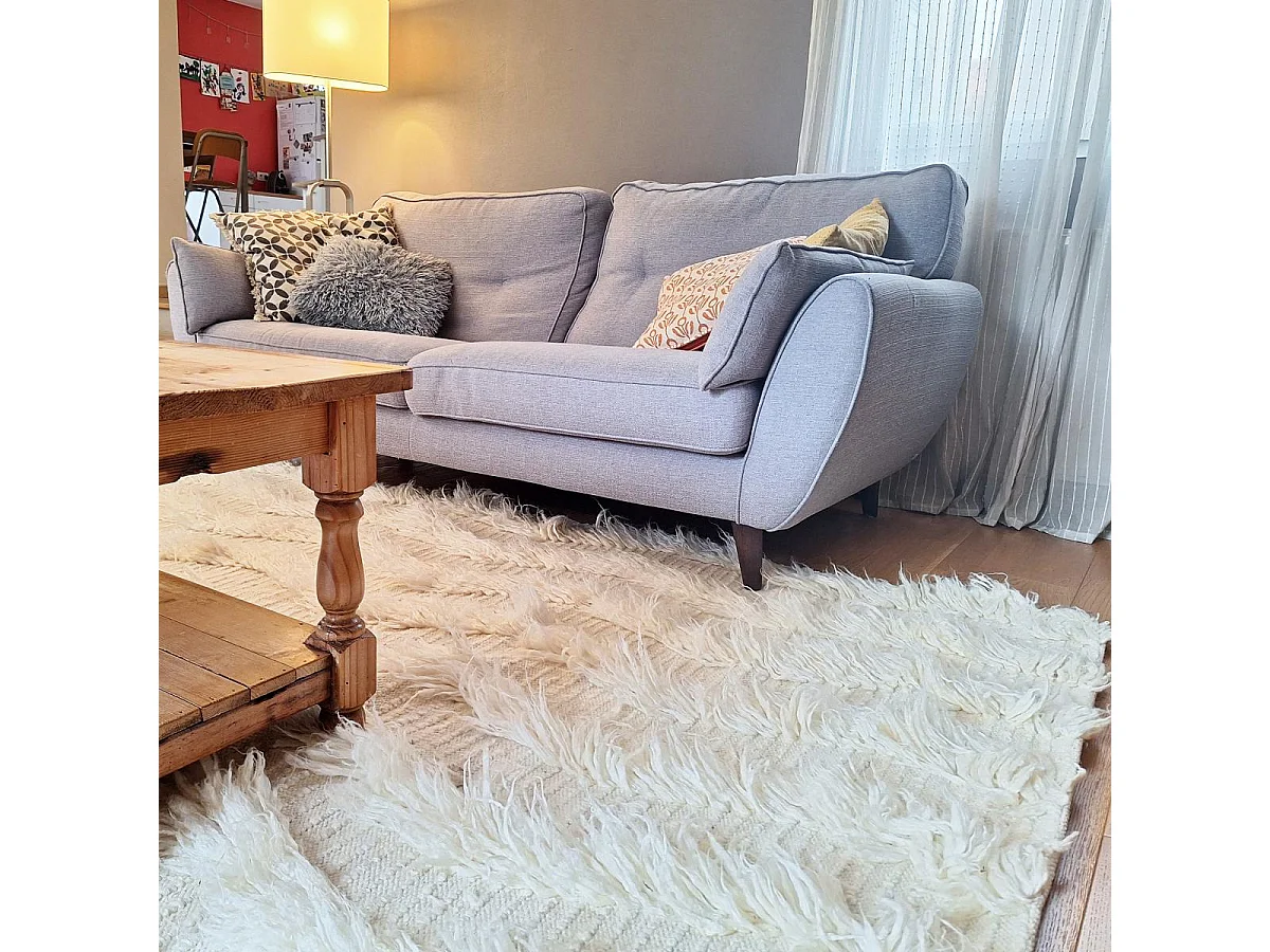 Tapis shaggy 160x230 rectangle fait main crème en laine motif uni FLOKATA