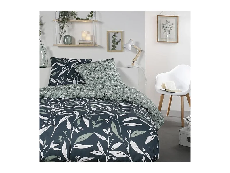 Parure de lit Mawira - 2 personnes - 260 x 240 cm - 100% coton - Bleu Motif Floral - TODAY