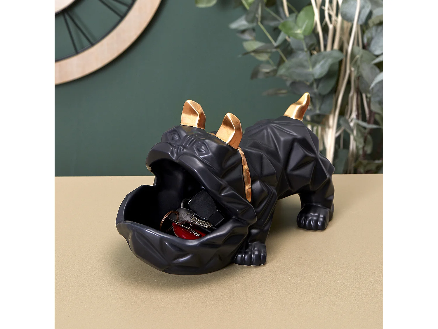 Sculpture Ceramique Bulldog Noir Vide Poche Noir, Blanc, Gris