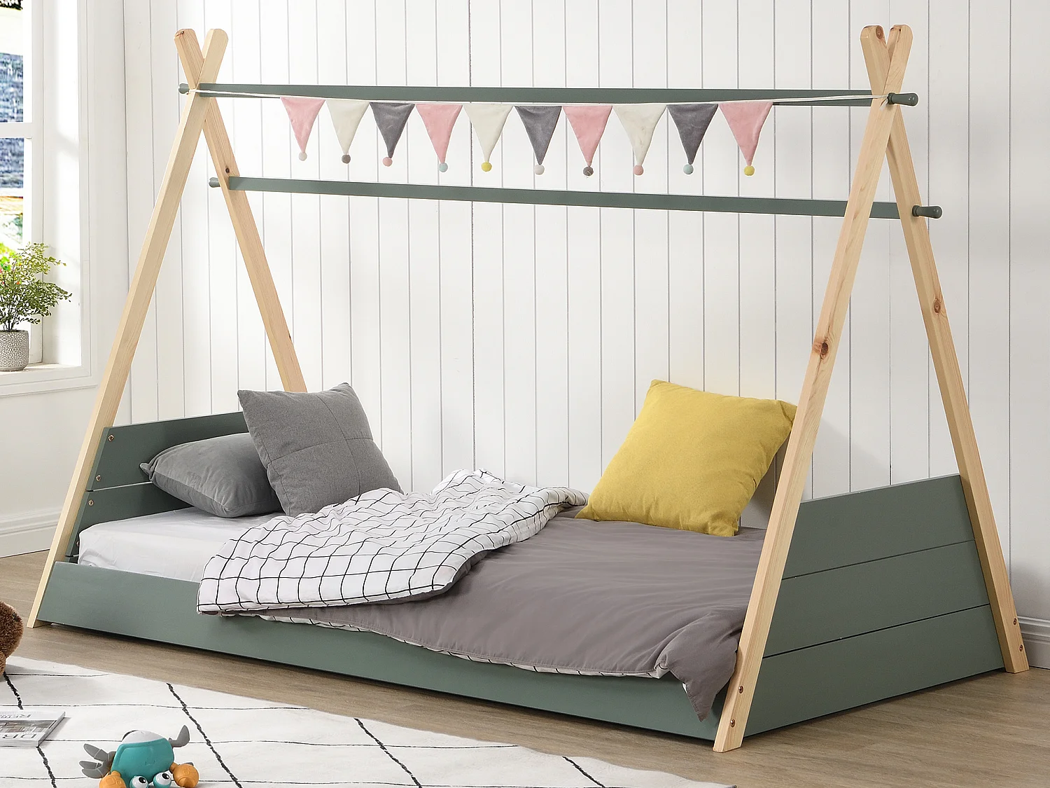 Letto tepee 90 x 190 cm Abete Naturale e Verde + Materasso - SIOUX