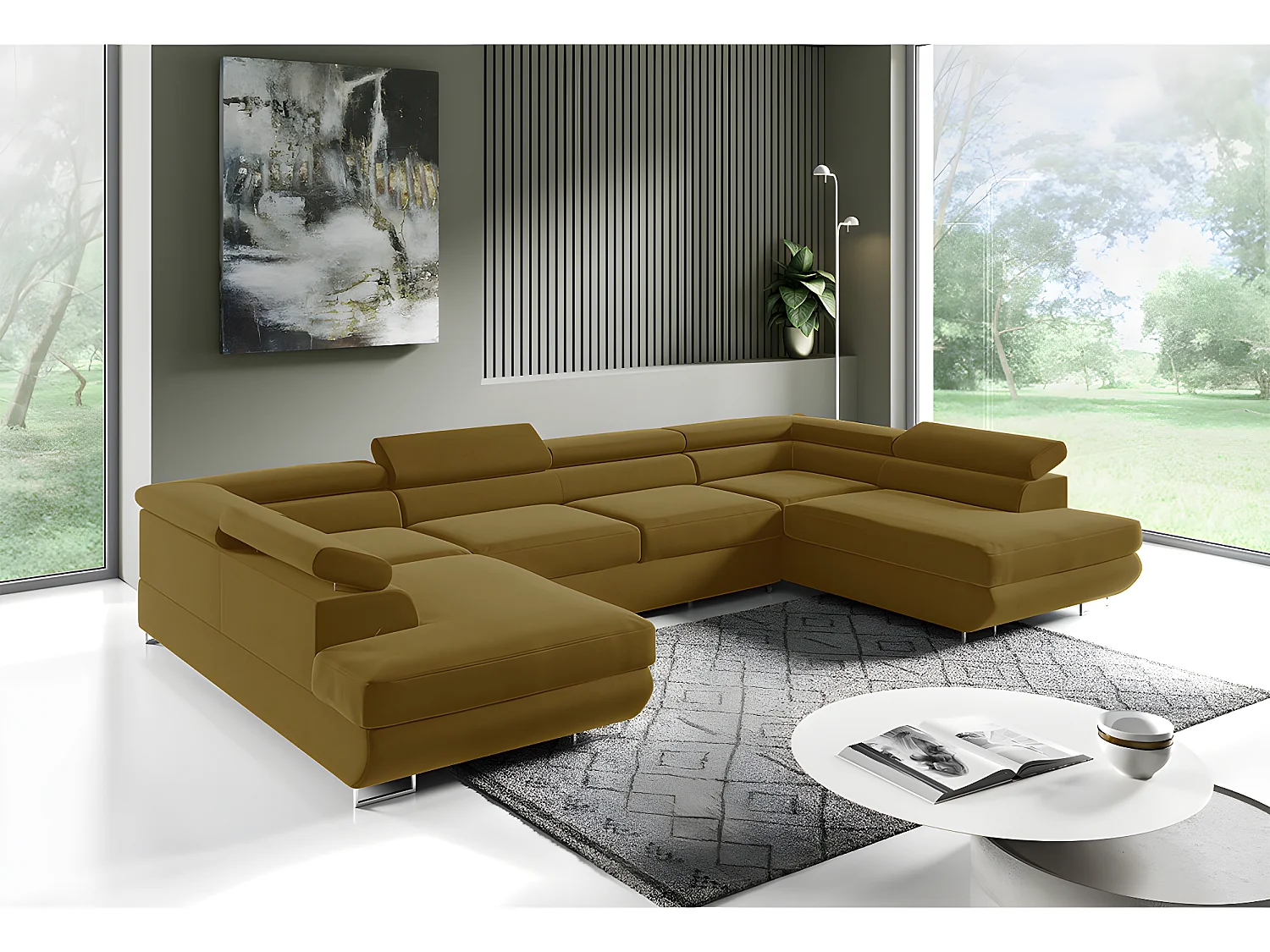 Canapé en U 5 places convertible avec coffre Lyam Moutarde