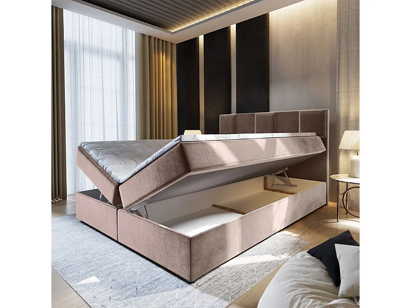 Lit Coffre & Matelas Velours "Natra" 140x200cm Taupe
