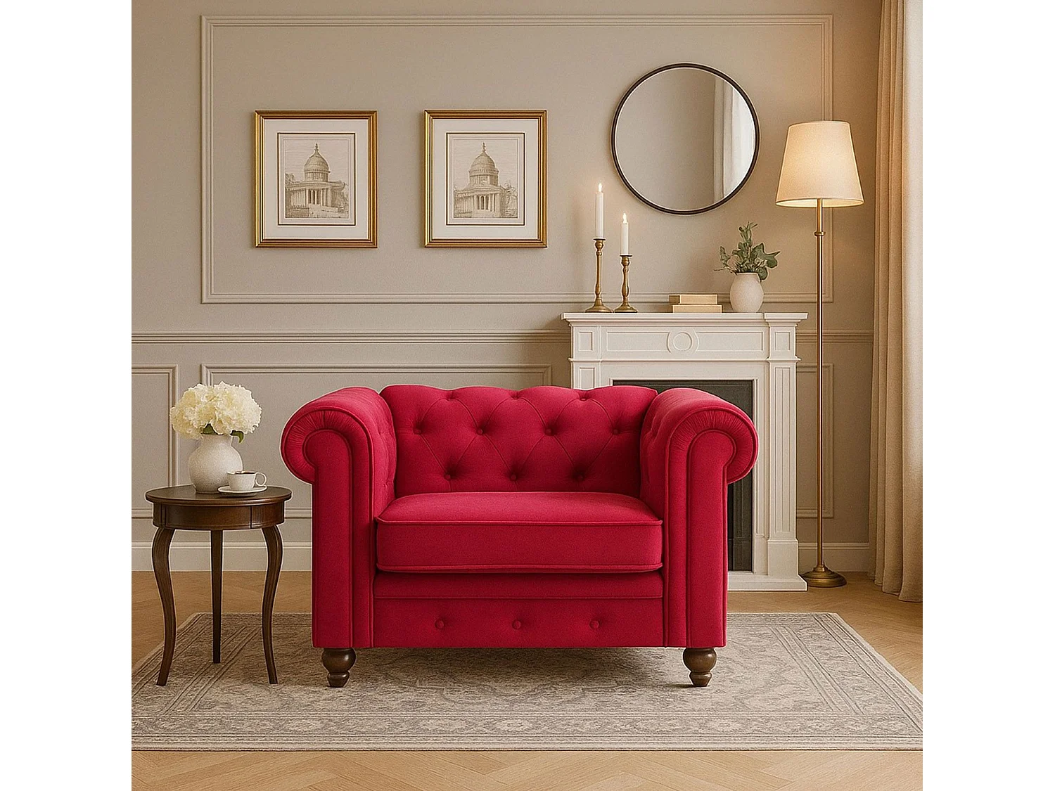 Fauteuil Design Velours "Chesterfield" 111cm Rouge