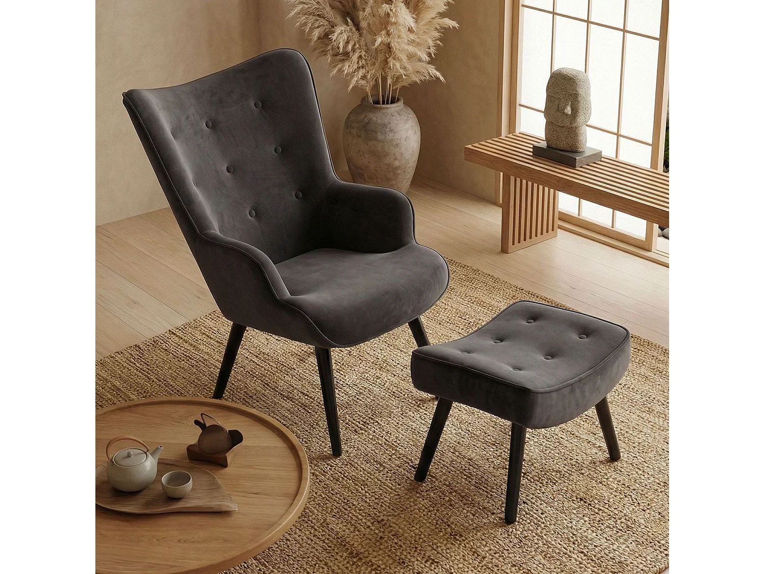 Fauteuil & Pouf Scandinave "Nomi" 100cm Noir