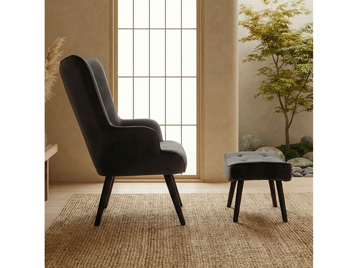 Fauteuil & Pouf Scandinave "Nomi" 100cm Noir