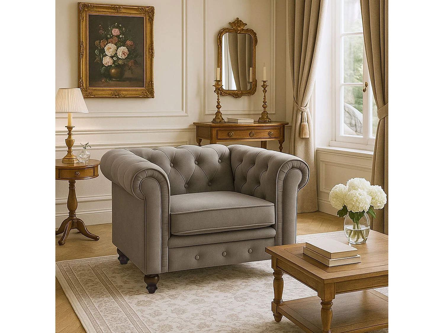 Grande poltrona Chesterfield in velluto color talpa