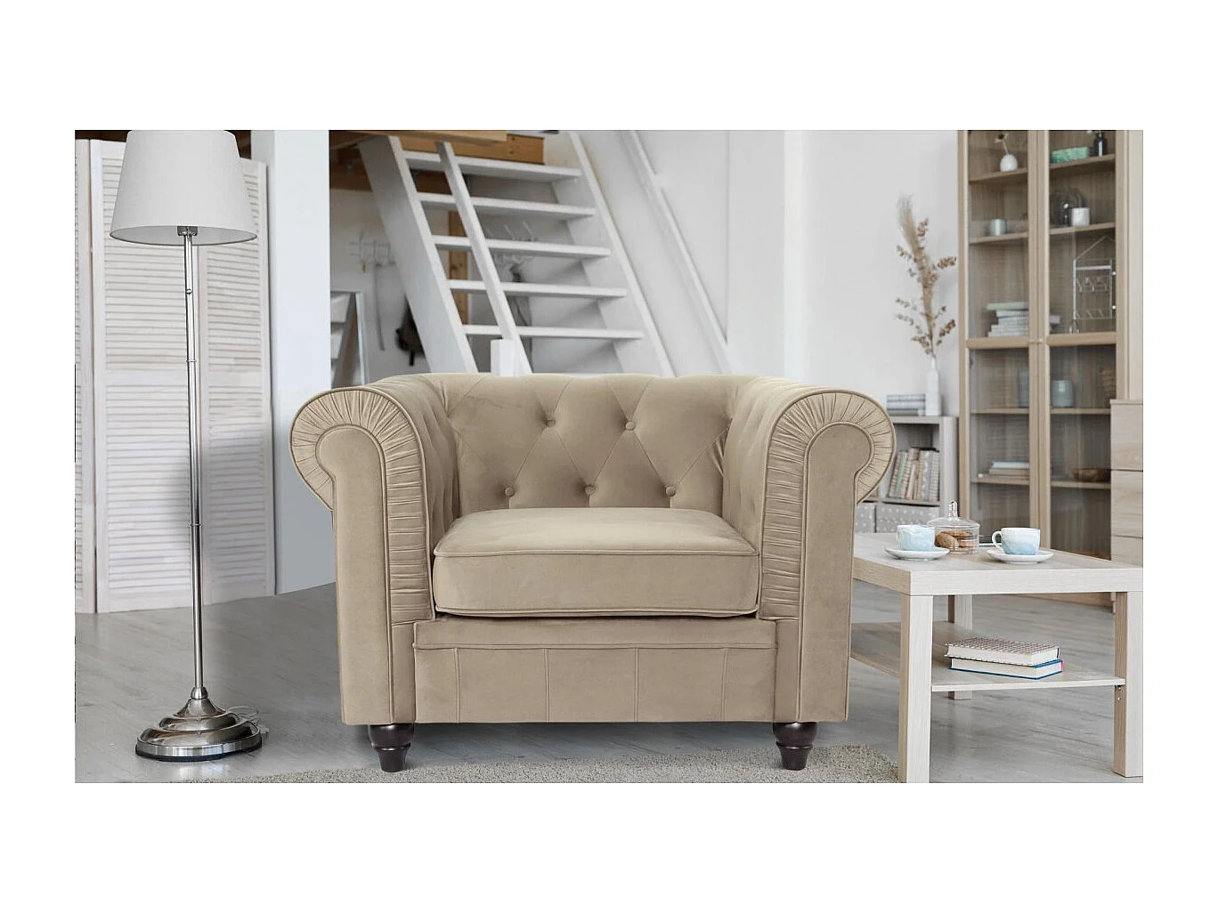 Fauteuil Design Velours "Chesterfield" 111cm Taupe