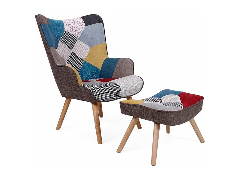 Fauteuil Scandinave & Pouf Patchwork "Orle" 98cm Multicolore