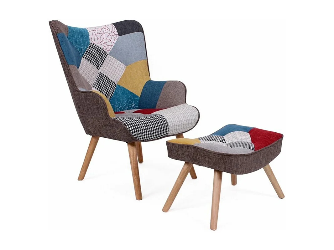 Fauteuil Scandinave & Pouf Patchwork "Orle" 98cm Multicolore