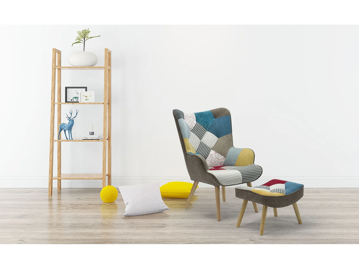 Fauteuil Scandinave & Pouf Patchwork "Orle" 98cm Multicolore